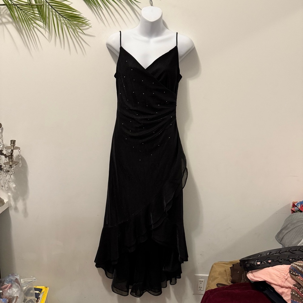 Vintage late whymsigoth 90s black rhinestone ruffle party dress